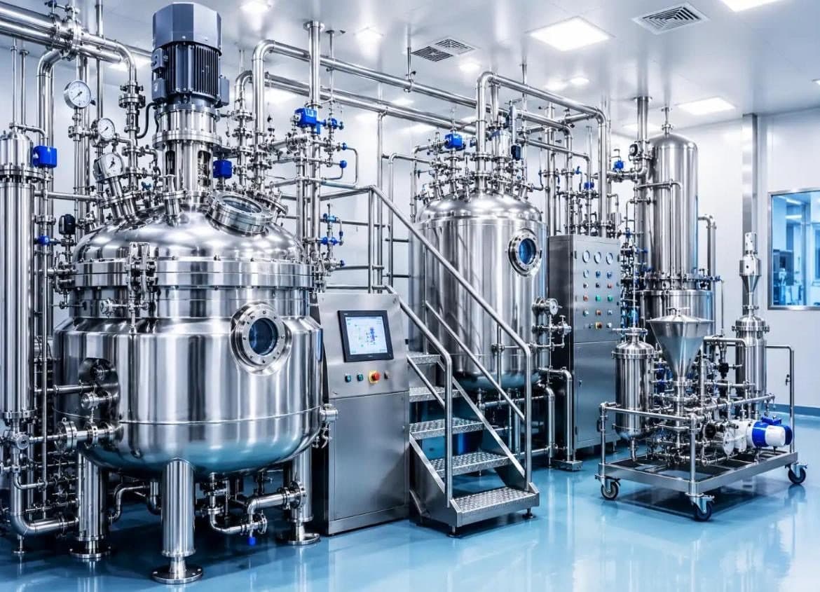 Stainless-steel processing tanks in a clean factory