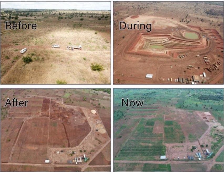 Four aerial photos of one site: bare land, an open pit, levelled land, and green fields today